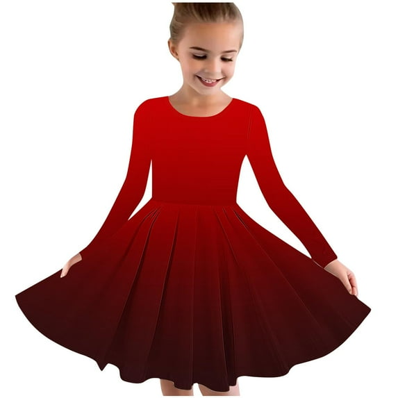 Odeerbi Kids Girls Skater Twirl A-Line Dress Long Sleeve Pleated Dancing Dress Spring Fall Gradient Dress Stretchy Twirly Skater School Recital Dress Kids Clothes Red