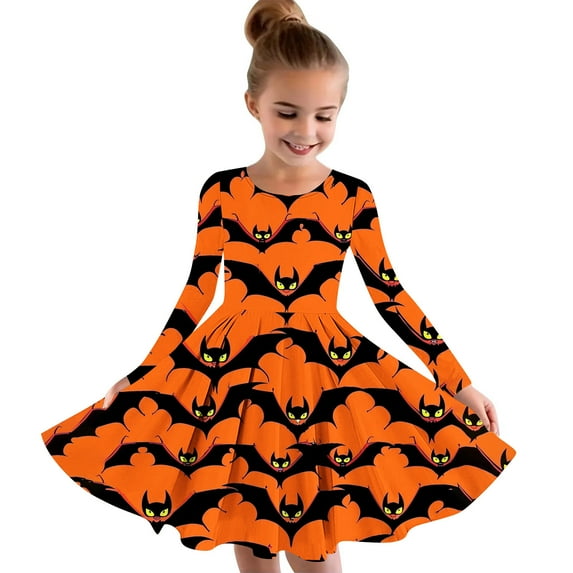 Odeerbi Kids Girls Skater Twirl A-Line Dress Long Sleeve Pleated Dancing Dress Spring Fall Halloween Dress 4-14 Years Children Halloween Printed Princess Dress Kids Clothes Orange
