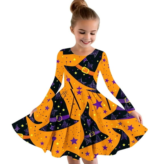 Odeerbi Kids Girls Skater Twirl A-Line Dress Long Sleeve Pleated Dancing Dress Spring Fall Halloween Dress 4-14 Years Children Halloween Printed Princess Dress Kids Clothes Orange