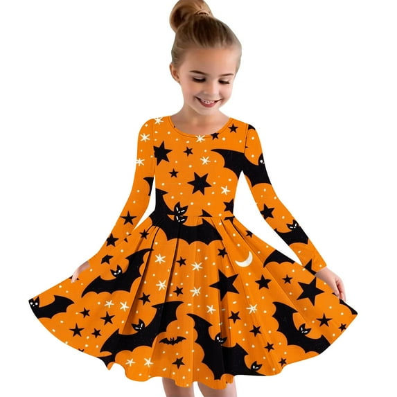 Odeerbi Kids Girls Skater Twirl A-Line Dress Long Sleeve Pleated Dancing Dress Spring Fall Halloween Dress 4-14 Years Children Halloween Printed Princess Dress Kids Clothes Orange