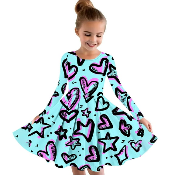 Odeerbi Kids Girls Skater Twirl A-Line Dress Long Sleeve Pleated Dancing Dress Spring Fall Dress 4-14 Years Children Love Printed Princess Dress Kids Clothes Blue