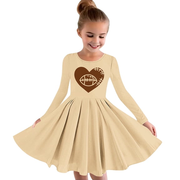 Odeerbi Kids Girls Skater Twirl A-Line Dress Long Sleeve Pleated Dancing Dress Spring Fall Dress 4-14 Years Kids Sports Ball Printed Princess Dress Kids Clothes Khaki