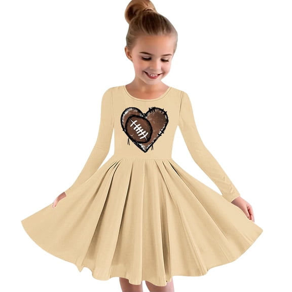 Odeerbi Kids Girls Skater Twirl A-Line Dress Long Sleeve Pleated Dancing Dress Spring Fall Dress 4-14 Years Kids Sports Ball Printed Princess Dress Kids Clothes Khaki