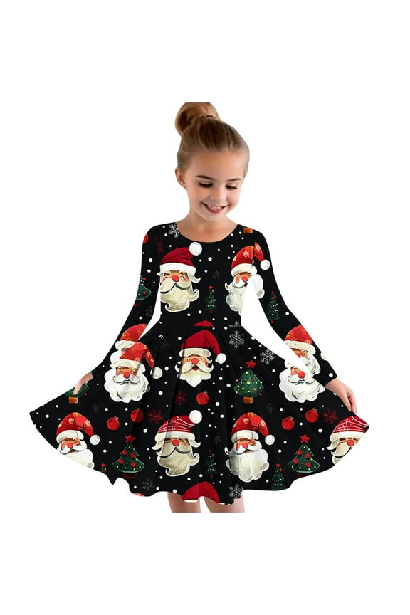 Kids Girls Skater Twirl A-Line Dress Long Sleeve Pleated Dancing Dress Spring Fall Christmas Dress 4-14 Years Children Christmas Printed Princess Dress Kids Clothes Black
