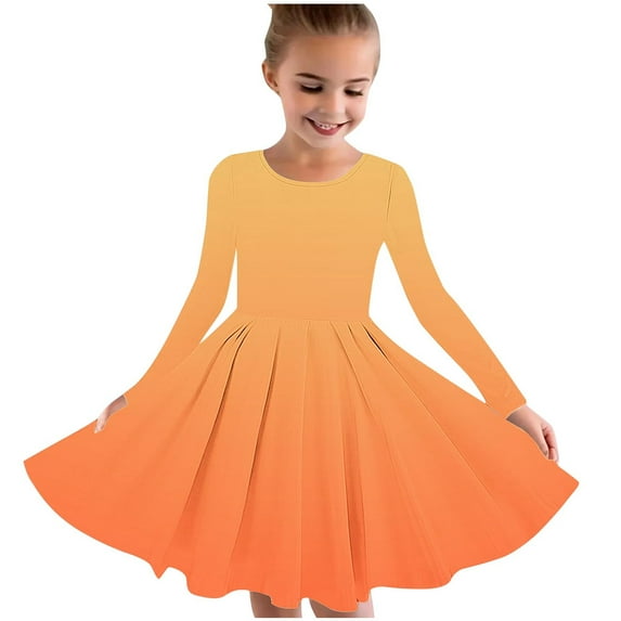 Odeerbi Kids Girls Skater Twirl A-Line Dress Long Sleeve Pleated Dancing Dress Spring Fall Gradient Dress Stretchy Twirly Skater School Recital Dress Kids Clothes Orange