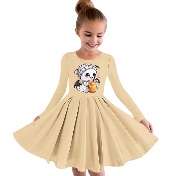 Odeerbi Kids Girls Skater Twirl A-Line Dress Long Sleeve Pleated Dancing Dress Spring Fall Halloween Dress 4-14 Years Children Halloween Printed Princess Dress Kids Clothes Khaki