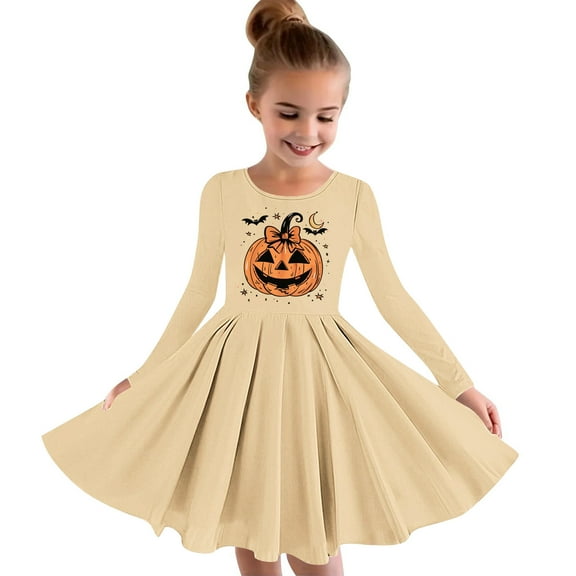 Odeerbi Kids Girls Skater Twirl A-Line Dress Long Sleeve Pleated Dancing Dress Spring Fall Halloween Dress 4-14 Years Children Halloween Printed Princess Dress Kids Clothes Khaki