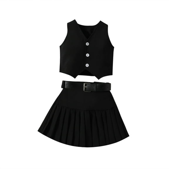 Odeerbi Kids Girls Skirt Outfits Summer Clothes Cotton Sleeveless Buckle Vests Pleated Skirt with Belt V Neck Sleeveless Top Short Skirt Two Piece Set 3-8 Years Black