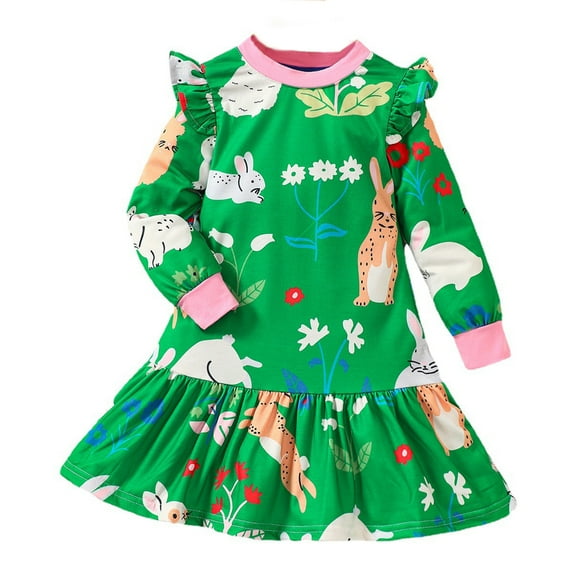 Odeerbi Kids Girls Spring Fall Easter Dress Cotton Dress Ruffle Dress Spring Long Sleeve Casual Bunny Print Dress 3-12 Years Green