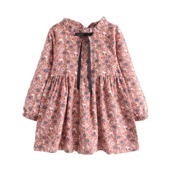 Odeerbi Kids Girls Spring Fall Floral Dress Cotton Dress Fashion Little Floral Dress Long Sleeve Ruffled Cute Spring Fall Dresses 2-8 Years Pink
