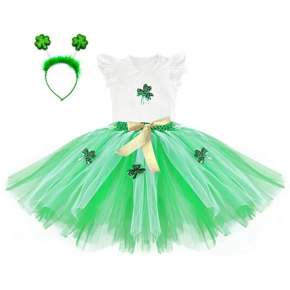 Odeerbi Kids Girls St. Patrick's Day Tutu Dress Girl's Sequin Green Dress Carnival Mask Dress Ball Princess Dress