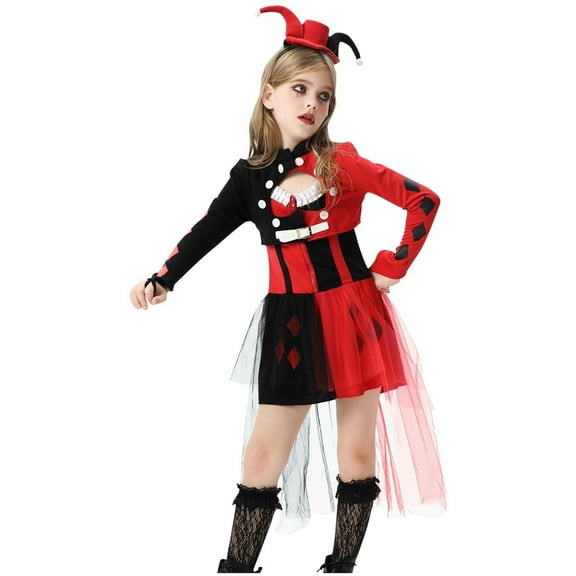 Odeerbi Kids Girls Stage Performance Outfits Long Sleeve Color Block Slip Dresses Headwear Jacket Stockings Set Kids Girls Clothes