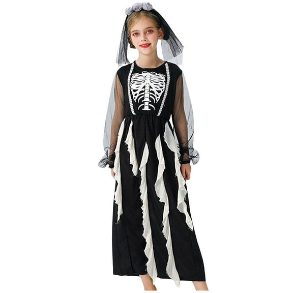 Odeerbi Kids Girls Stage Performance Outfits Long Sleeve Skull Print Dresses Children's Funny Lace Dress Kids Girls Clothes