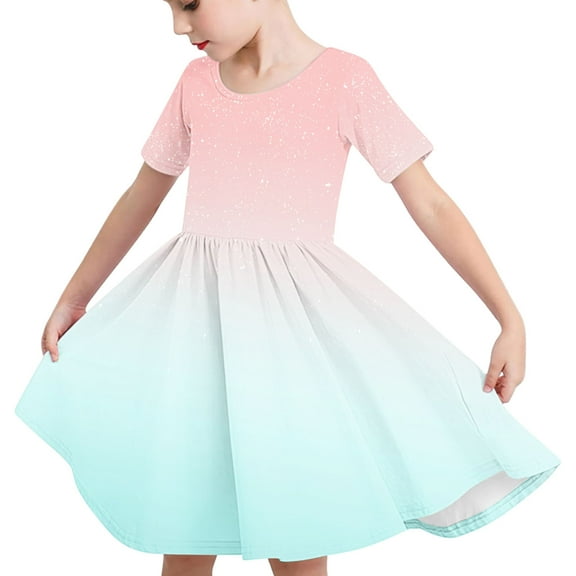 Odeerbi Kids Girls Summer A-Line Dress Cute Gradient Swing Dress Kids Kids Short Sleeve Stretchy Dress Kids Girls Clothes