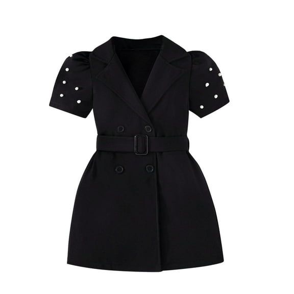 Odeerbi Kids Girls Summer Blazer Dress Notched Lapel Double Breasted Belted Dress Cute Casual Work Office Short Sleeve Dress Kids Girls Clothes