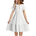 thumbnail image 1 of Odeerbi Kids Girls Summer Cotton Linen Tiered Dresses Children's Solid Color Round Neck Short Sleeve Spliced Lace Dress Kids Girls Clothes, 1 of 8
