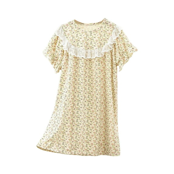 Odeerbi Kids Girls Summer Cotton Nightdress Cute Lace Midi Nightgown Short Sleeve Round Neck Floral Princess Sleep Dress Kids Girls Clothes