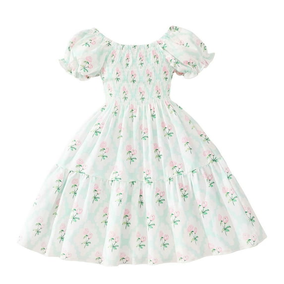 Odeerbi Kids Girls Summer Floral Dress Puff Short Sleeve Pleated Tiered Dress A-Line Dress Little Girls Fresh Style Printed Dress Kids Clothes Green