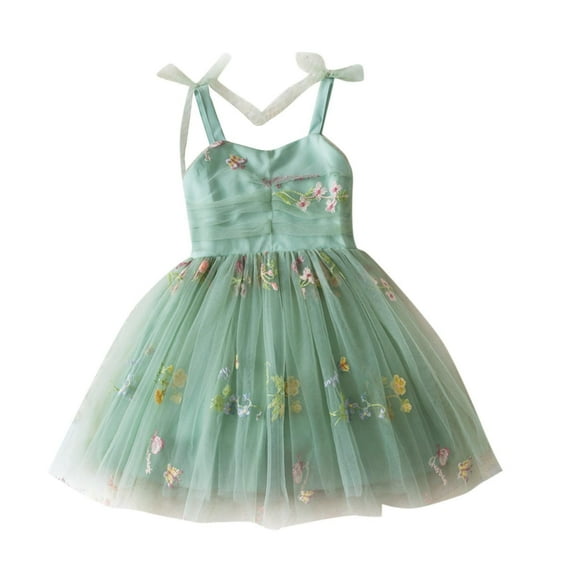 Odeerbi Kids Girls Summer Floral Embroidered Princess Dress Cute Tulle Slip Dresses Sleeveless Round Neck Mesh Bow Lace Dress Kids Girls Clothes