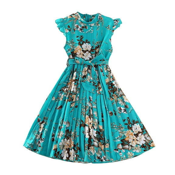 Odeerbi Kids Girls Summer Floral Pleated Dresses Cute Ruffle Sleeve Cotton Dress Sleeveless Round Neck Sun Dress Kids Girls Clothes