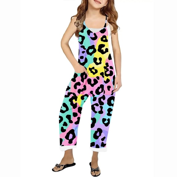 Odeerbi Kids Girls Summer Jumpsuit Color Block Bib Overalls Casual Sleeveless Rompers Long Pants with Pockets 5-14 Years Multicolor
