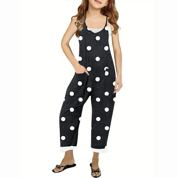 Odeerbi Kids Girls Summer Jumpsuit Dots Print Bib Overalls Casual Sleeveless Rompers Long Pants with Pockets 5-14 Years Black