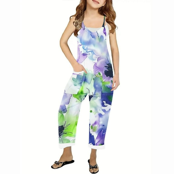 Odeerbi Kids Girls Summer Jumpsuit Floral Bib Overalls Casual Sleeveless Rompers Long Pants with Pockets 5-14 Years Green