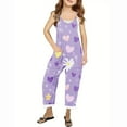 thumbnail image 1 of Odeerbi Kids Girls Summer Jumpsuit Love Print Bib Overalls Casual Sleeveless Rompers Long Pants with Pockets 5-14 Years Light Purple, 1 of 5