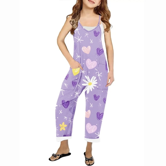 Odeerbi Kids Girls Summer Jumpsuit Love Print Bib Overalls Casual Sleeveless Rompers Long Pants with Pockets 5-14 Years Light Purple