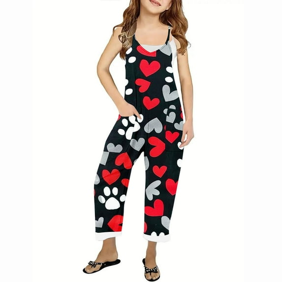 Odeerbi Kids Girls Summer Jumpsuit Love Print Bib Overalls Casual Sleeveless Rompers Long Pants with Pockets 5-14 Years Red