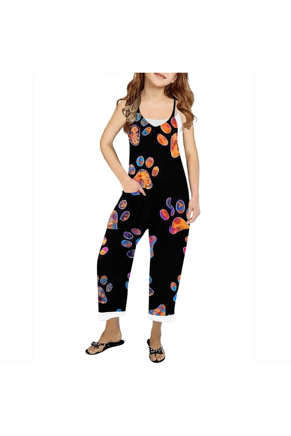 Kids Girls Summer Jumpsuit Paw Print Bib Overalls Casual Sleeveless Rompers Long Pants with Pockets 5-14 Years Black