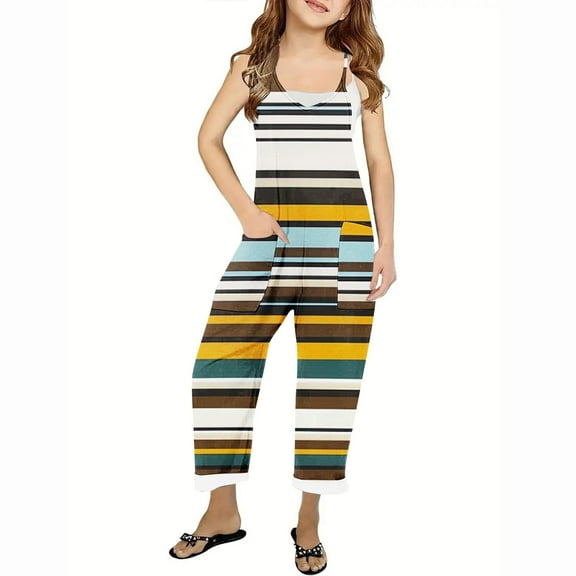 Odeerbi Kids Girls Summer Jumpsuit Rainbow Striped Bib Overalls Casual Sleeveless Rompers Long Pants with Pockets 5-14 Years Multicolor