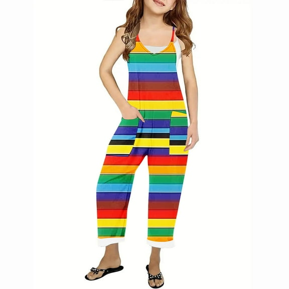 Odeerbi Kids Girls Summer Jumpsuit Rainbow Striped Bib Overalls Casual Sleeveless Rompers Long Pants with Pockets 5-14 Years Multicolor