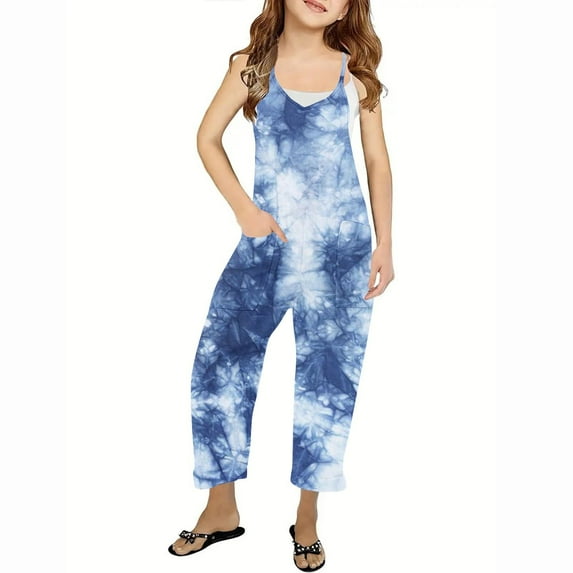 Odeerbi Kids Girls Summer Jumpsuit Tie-dye Bib Overalls Casual Sleeveless Rompers Long Pants with Pockets 5-14 Years Blue