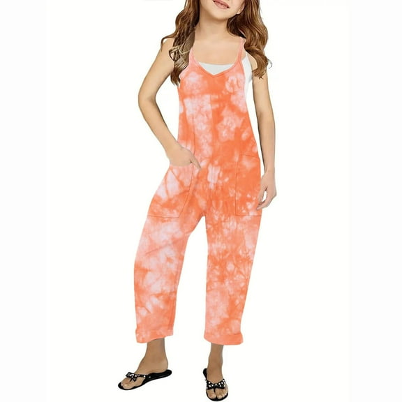 Odeerbi Kids Girls Summer Jumpsuit Tie-dye Bib Overalls Casual Sleeveless Rompers Long Pants with Pockets 5-14 Years Orange