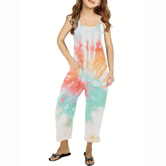 Odeerbi Kids Girls Summer Jumpsuit Tie-dye Bib Overalls Casual Sleeveless Rompers Long Pants with Pockets 5-14 Years Orange