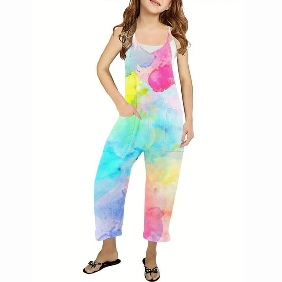 Odeerbi Kids Girls Summer Jumpsuit Tie-dye Bib Overalls Casual Sleeveless Rompers Long Pants with Pockets 5-14 Years Pink