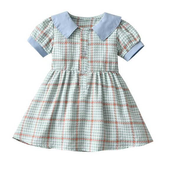 Odeerbi Kids Girls Summer Plaid Princess Dress Cute Point Collar Cotton Dress Lapel Short Sleeve Dress Kids Girls Clothes