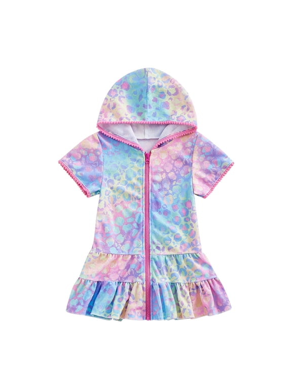 Kids Girls Swim Cover Up Toddler Swimsuit Coverup Hooded Zip-Up Beach Bathing Suit Robe