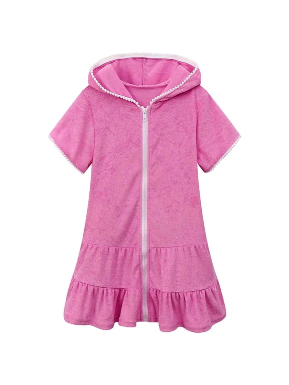 Kids Girls Swim Cover Up Toddler Swimsuit Coverup Hooded Zip-Up Beach Bathing Suit Robe