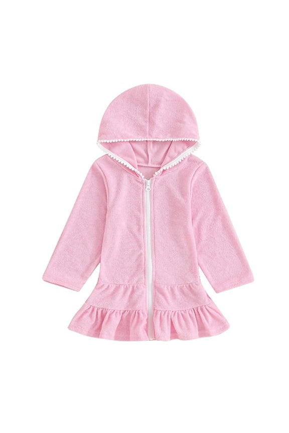 Kids Girls Swimsuit Cover Up Hooded Bikini Coverups Fashion Solid Color Zipper Cover Up Dress Long Robe Long Sleeve Beach Skirt Kids Clothes Pink