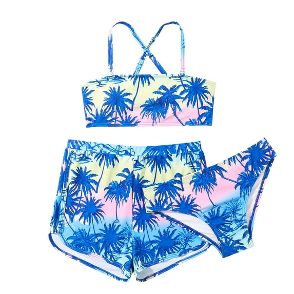 Odeerbi Kids Girls Three Pieces Swimsuit Floral Bikini Sets with Bord Shorts Girls Swimwear 3pcs Set Bathing Suits Summer Kids Beachwear 8-14 Years Blue