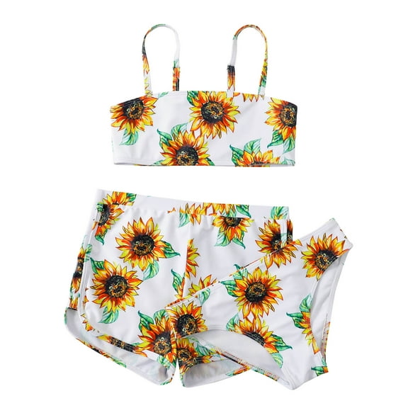 Odeerbi Kids Girls Three Pieces Swimsuit Floral Bikini Sets with Bord Shorts Girls Swimwear 3pcs Set Bathing Suits Summer Kids Beachwear 8-14 Years Yellow