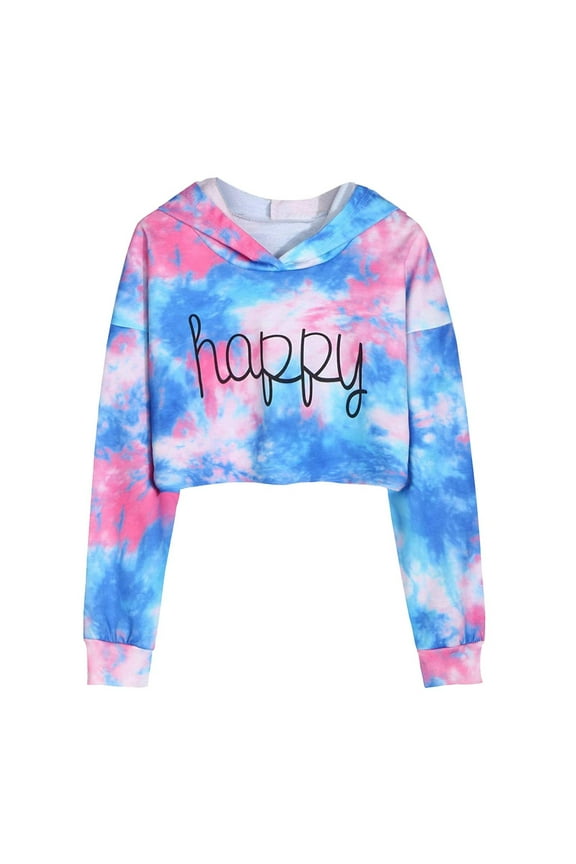 Kids Girls Tie-dye Hoodies Cropped Pullover Hooded Sweatshirts Kids Long Sleeve Graphic Printed Sweatshirt Casual 5-14 Years Children's Shirt Blue