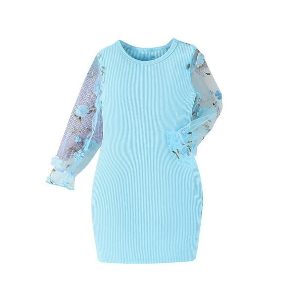 Odeerbi Kids Girls Tulle Patchwork Long Sleeve Bodycorn Dress Sweater Dress Fall Winter Knitted Cotton Dress Kids Printed Dress Knitted Long Skirt Kids Clothes Blue