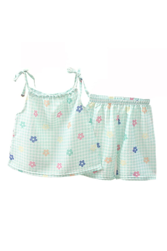 Kids Girls Two Piece Outfits Summer Clothes Baby Cute Leopard Print Splicing Round Neck Sleeveless Camisole Tops Shorts Suit Light Blue