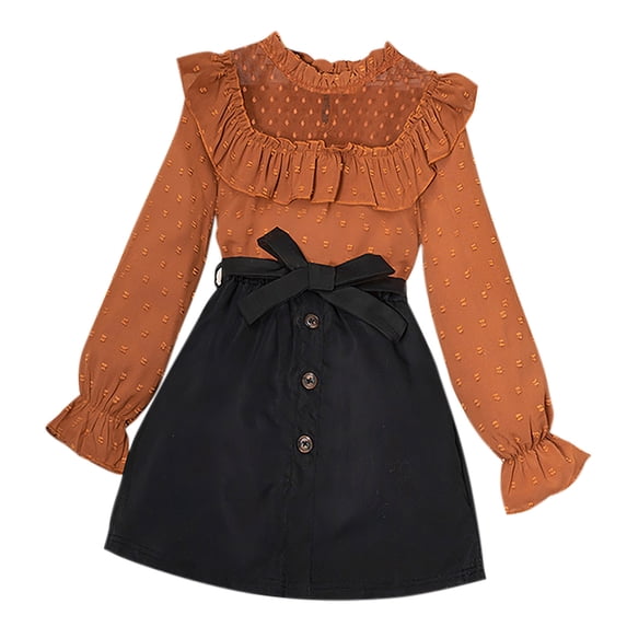 Odeerbi Kids Girls Two Pieces Skirt Set Lace Ruffle Tops High Waisted Skirt Set