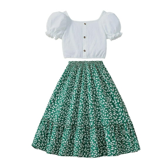 Odeerbi Kids Girls Two Pieces Skirt Set Puff Sleeve Tops Floral Tiered Skirt Set Casual Sleeveless Round Neck Strap Loose Botton Tank Top Solid Color Skirts Sets Green