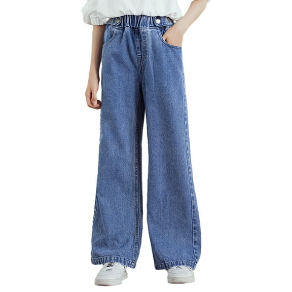 Odeerbi Kids Girls Wide Leg Jeans Straight Leg Denim Pants High Waist Jeans For 4-10 Years Kids Wide Leg Straight Denim Jeans Baggy Trousers Loose Denim Pants Blue
