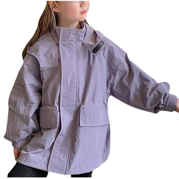 Odeerbi Kids Girls Winter Coat Jacket Warm Outerwear Overcoat Loose Letter Long Sleeve Hooded Zipper Cardigan Jacket Purple